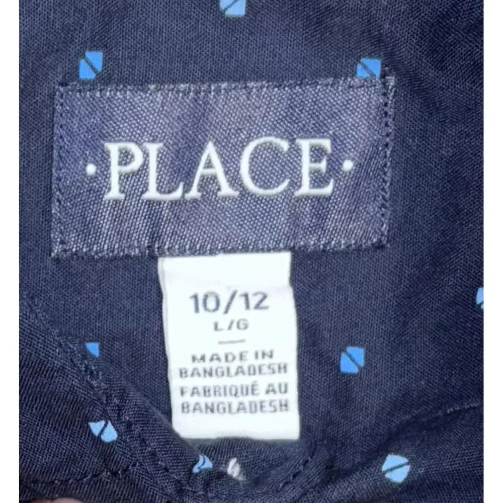 PLACE Navy Blue Polka Dot Casual Button-Up Shirt - Boys large‎ Size 10/12